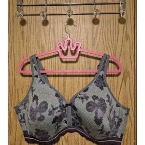 CACIQUE Lightly Lined No Wire Bra Gray Purple Floral Comfort Wireless,Size 46D
